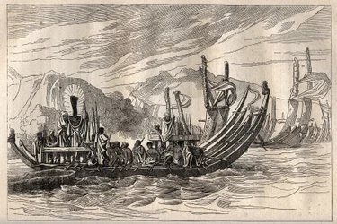 Kaptajn James Cooks (1728-1779) første rejse (1768-1771): Tahiti-flåden samlet i Oparee - illustration taget fra "The Great Mariners of the 18th century""