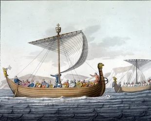 Flåde af Vilhelm I Erobreren (1027 - 1087) sejler til England - i "Det gamle og moderne kostume"" af Ferrario, red. Milano