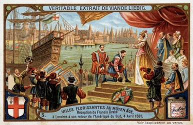 Blomstrende byer i middelalderen: reception af Francis Drake (1542-1596) i London (England), da han vendte tilbage fra Sydamerika, 4. april
