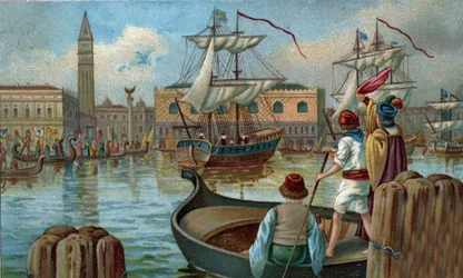 Tidligere indkøbscentre: tilbagevenden af en venetiansk flåde til Venedig i det 19. århundrede. Kromolitografi i slutningen af det 19. århundrede
