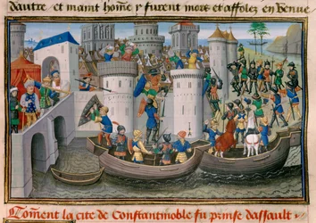 Det fjerde korstog: Udsigt over korsfarernes erobring af Konstantinopel i 1203-1204. Miniature fra «Chronique abrégée» af David Aubert