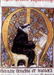 Fra Pietro di Pavia (Frere Pierre de Pavia), en kopist på arbejde ("M"). 14. århundredes manuskript.