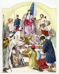 Frankrig, under Mariannes træk, omgivet af sine personificerede kolonier - i "Histoire de France"", af E. Grobet, ca. 1915