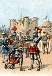 Frans I af Frankrig anmoder om at blive slået til ridder af Chevalier Bayard efter sejren i slaget ved Marignano, Italien