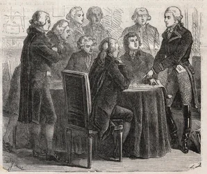 Fransk Revolution: Grev Louis Marie de Narbonne-Lara (Narbonne Lara) (1755-1813) viser sine planer i forsamlingens udvalg - Indgravering i "" Den Illustrerende Verden""