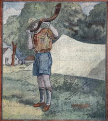 Fransk spejder, der blæser til samling i en lejr i Ungarn (fransk spejder) Illustration fra "Le pelerin" 20/8/1933 Privat samling
