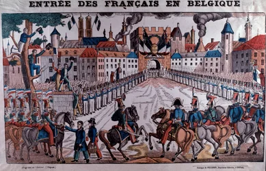 Fransk hær går ind i Belgien for at støtte den belgiske uafhængighed i oktober 1830 (gravering)