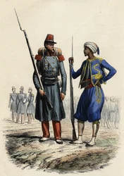Fransk militæruniform: Til venstre en fremmedlegion, dannet og sendt til Algeriet i 1831. Til højre indfødte ryttere, trænet og sendt til Algeriet i 1841. I L