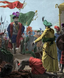 Fra Vasco de Gama (1469-1524, portugisisk opdagelsesrejsende) til Calicut (nuværende Kozhikode) i Indien i 1498. Gravering 1817..