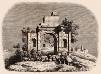 Frontalfoto af den romerske bue i Djemilah i Algeriet: to franske soldater poserer foran ruinerne