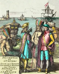 Frontispice af "" Beskrivelse af Universe Suite af det antikke og moderne Europa, de sydlige lande og Amerika"" Bind V, af Alain Manesson Mallet (1630-1706)