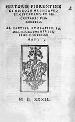 Frontispice of "" Historie Fiorentine af Niccolo (af Bernardo dei) Machiavelli (Nicolas Machiavel
