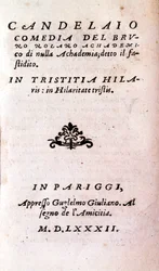 Frontispice af "" Il candelaio"" (Lysestagen) af Giordano Bruno (1546-1600), italiensk filosof og teolog. 1582