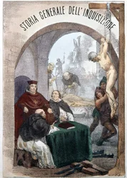 Frontispice of the General History of the Inquisition af Pietro Tamburini med en illustration, der viser scener med symbolsk inkvisition. Milano 1850.