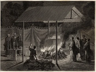 Begravelsesceremonier: rituel forbrænding. Gravering til illustration af rejsen til Japan i 1863-1864 af Aime Humbert, minister for Det Schweiziske Forbund, i "Le tour du monde, nouveau journal des voyages", udgivet under ledelse af Edouard Charton