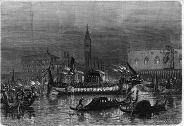 Begravelse af Daniele Manin (1804-1857), som deltog i Risorgimento, i Venedig: liggondolen, der bærer asken mod St. Zacharia-kirken, passerer foran det kongelige palads. Indgravering i ""Det illustere univers""