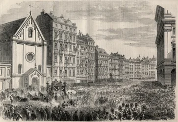 Begravelse af kejser Maximilian I af Mexico (1832-1867): Ankomst af begravelseskortegget foran Kapucinerkirken i Wien. Gravering i "" L