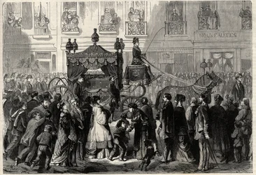 Funerary Cortege under obseques af Gioacchino (Gioachino) Rossini (1799-1868) i Paris. Indgravering i "The Universe illustrious"