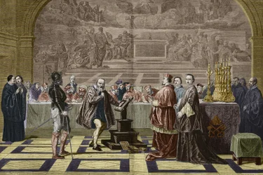 Galilæa (Galileo Galilei) før inkvisitionen af det hellige embede (det hellige kontor) i Vatikanet (1632).Gravering efter maleriet af Robert-Fleury Joseph Nicolas (1797-1890).