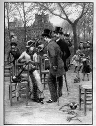 Galant samtale mellem to mænd og en ung kvinde, alle meget elegante, i Tuilerierne i Paris om sommeren. Gravering i "" Le Monde Illustré""