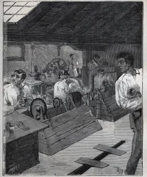 Galvanisk forgyldning: skraber-boessage af guldsmykker med en skraber-boesse. Indgravering fra 1885 i "" Les arts et metiers illustres"" af Adolphe BITARD.