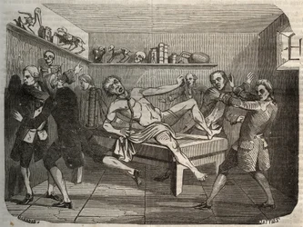 Galvanisering af liget af en bøddel med bunken af Alessandro (Alexandre) Volta: under påvirkning af elektricitet ser liget ud til at komme tilbage til livet. Indgravering fra 1856 i "" Le Musee Des Sciences""