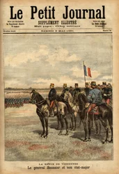 General Felix Gustave (Felix-Gustave) Saussier (1828-1905) og hans stab gennemgik tropperne ved Vincennes. Indgravering i "" Le petit journal illustrious"" 09/05/1891. Selvas samling.