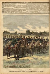 General Félix Gustave (Félix-Gustave) Saussier (1828-1905), militærguvernør i Paris siden 1884, omgivet af udenlandske militærattachéer, inspicerer tropperne under paraden den 14. juli 1891 på sletten ved Bois de Boulogne. Stik i „Le Petit Journal“