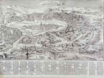 Generel udsigt over byen Wien med detaljer om de vigtigste bygninger og monumenter. Østrigs gravering fra 1800 privatsamling