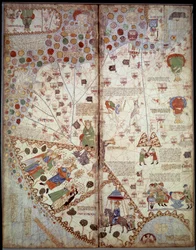 Geografisk kort: Kina, Ganges Valley, Sumatra, Ceylan. Catalansk Atlas (Catalansk kort) (Spanien). Manuskript af 1375 (Folio 2v - folio 3) af Abraham Cresques. BN, Paris