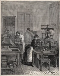 Forgyldning af bøger (omslag) i jern på et værksted i Frankrig i 1800-tallet. Indgravering fra 1885 i "" Les arts et metiers illustres"" af Adolphe BITARD.