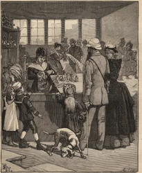 Glaskunst: turister køber en perle blæst på en glasfabrik i Venedig, Italien. Indgravering fra 1885 i "" Les arts et metiers illustres"" af Adolphe BITARD.