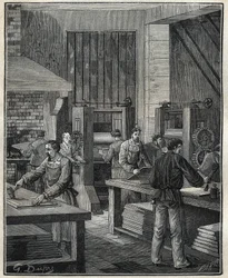 Guldsmed: klargøring af pladen, klargøring af metallet til udførelse af et specielt sølvtøj. Indgravering fra 1885 i "" Les arts et metiers illustres"" af Adolphe BITARD.