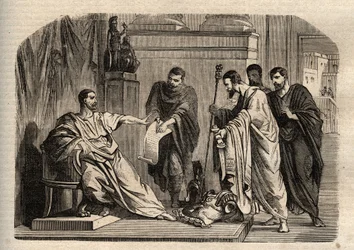 Gordian I (158-238) nægtede kejserlig værdighed - Gordian I (Marcus Antonius Gordianus Sempronianus Romanus Africanus) nægtede den kejserlige værdighed - indgravering i "" Dictionnaire populaire illustrious" - 1864 - af Joseph Decembre og Edmond Allonier -