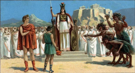 Store græske tragedier: "The Orestia"" af Aischylus. Oreste dukkede op for Areopage eller Højesteret i Athen, ledet af gudinden Pallas Athene eller Minerva, assisteret af Apollo. Til højre ses Eumenides (de tre furier). Orestie er fraværende