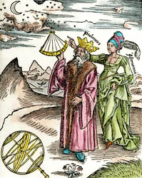 Den græske astronom Claude Ptolemæus (Claudius Ptolemaeus) (omkring 90-omkring 168 e.Kr.) ved hjælp af en sekstant og astronomi. Stik fra 1503. Privat Samling