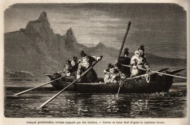 Grønland Umyak, type båd drevet af kvinder. Gravering til illustration af rejsen til det frie hav af den arktiske pol, af Doctor Hayes, kirurg fra den amerikanske flåde, i 1860-1862, offentliggjort i "Le tour du monde, nouveau journal des voyages", rediger