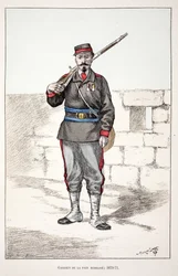 Fredens vogtere mobiliserer (1870-1871). Radering i farver, til illustration "" History of the Corps of Peacekeepers""" bog udgivet i regi af Louis Lepine (1846-1933), præfekt for politiet på Seinen, af Alfred Rey (1864-?) og Lo