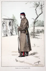 Fredens Vogtere mobiliserer (1871). Radering i farver, til illustration "" Histoire du corps des gardes de la paix""" bog udgivet i regi af Louis Lepine (1846-1933), præfekt for politiet på Seinen, af Alfred Rey (1864-?) og Louis F.