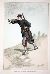 Fredens vogtere under Pariserkommunens andet sæde (1871). Radering i farver, til illustration "History of the Corps of Peacekeepers""" bog udgivet i regi af Louis Lepine (1846-1933), præfekt for politiet på Seinen,