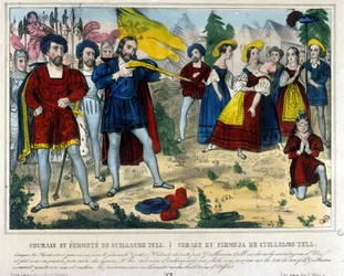 Guillaume Tell (William Tell) (legendarisk helt fra schweizisk uafhængighed). Barbaren Gesler tvinger Guillaume Tell til at fjerne et æble på hans barns hoved med en pil. 1800-tals gravering