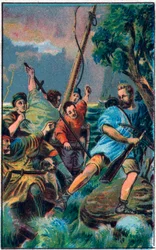 Guillaume Tell (William Tell) (legendariske helte fra den schweiziske uafhængighed) flygter fra Gesslers båd. Kromolitografi i slutningen af det 19. århundrede.