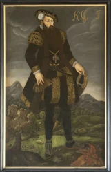 Gustave I Vasa de Suede - Portræt af kong Gustav I af Sverige (1496-1560), Anonym . Olie på lærred. Mål: 200x125 cm. Nationalmuseum Stockholm