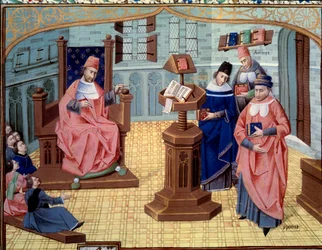 Fyr fra Chirugian Chauliac lærer. Til højre, 6 lyttere og til venstre 3 karakterer, der opsummerer medicinens historie: Claude Galien (131-201), græsk læge i antikken, Abu Ali al-Husayn ibn 