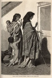 Sigøjnerkvinder og -børn, i klude eller halvnøgne, beder om dør-til-dør almone i Essek (Donaubassinet). Gravering for at illustrere minderne om rejser blandt de sydlige slaver, af Georges Perrot, i 1868, udgivet i "" Le tour du monde"" 1870-1871, edit
