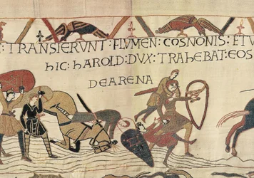 Harold Drags Norman Soldiers from the Quicksand, Bayeux Tapestry (uldbroderi på hør)