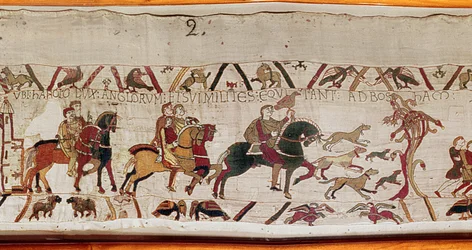 Harold sendes med sine mænd til Normandiet af Edward Bekenderen, Bayeux Tapestry (uldbroderi på hør)