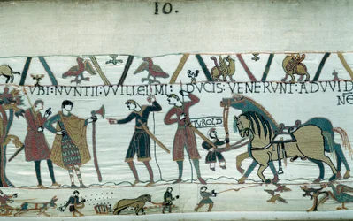 Harold, som kom for at informere hertugen af Normandiet Vilhelm Erobreren (1027-1087), at han ville blive efterfølger til Englands krone ved Edward Bekenderens død, blev taget til fange af grev Guy de Ponthieu. Hertugen af Normandiet sendte udsendinge til