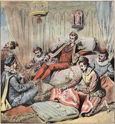 Henrik III (1551 - 1589) og hans søde. Kongen (Henry III; 1551 - 1589) sidder bagerst; har sine fødder Quelus og Maugiron flettede bånd; Schomberg laver et gobelin... af O og Epernon kigger ud af åbningerne, til sidst sætter Chicot sig på en af dørmændene.