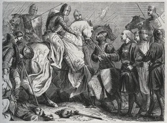 Henry III (Henry III Plantagenet of England) (1207-1272) er fanget af Simon V af Montfort (ca. 1208-1265) ved Lewes i Sussex 1264 - gravering 1864
